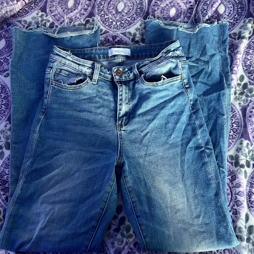 Light blue denim high waisted flare jeans